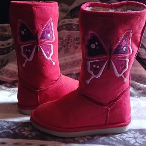 Butterfly Embroidered Kids Boots - Red